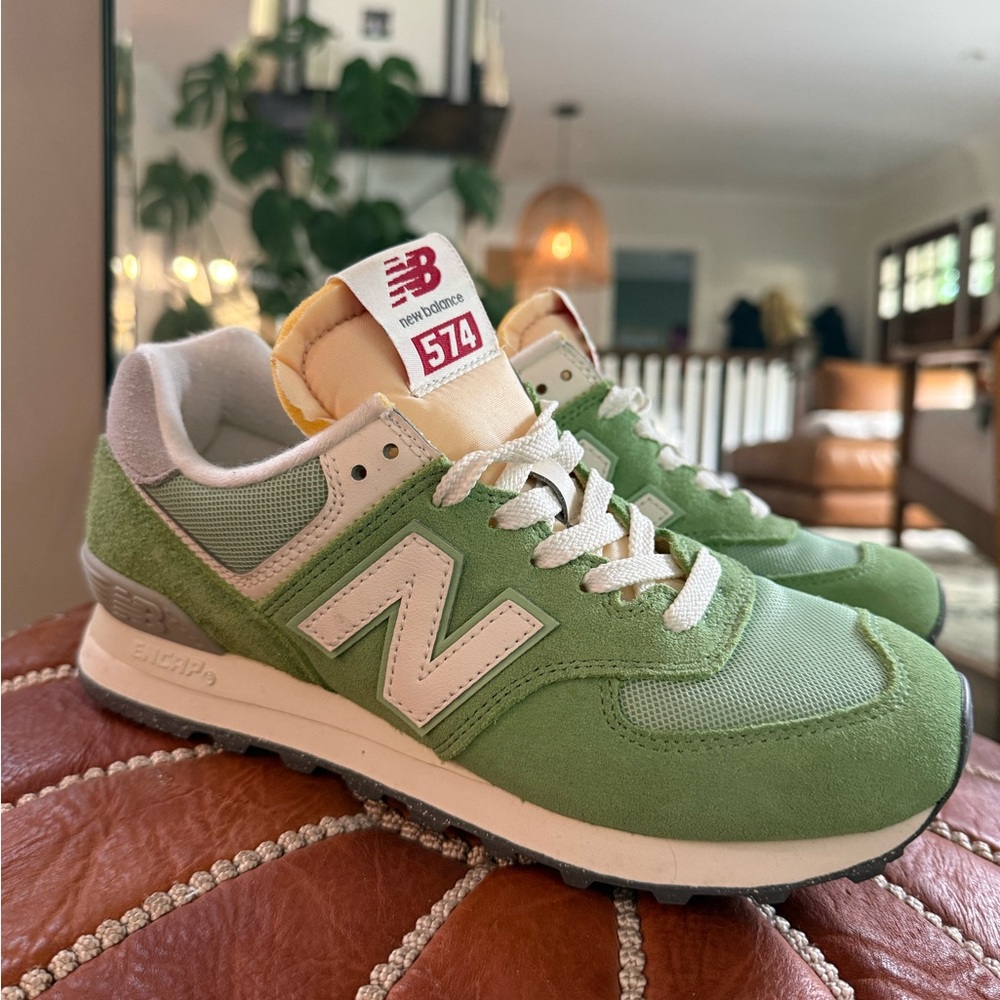 New Balance Unisex 574 Moss Green & White Suede Mesh Sneakers